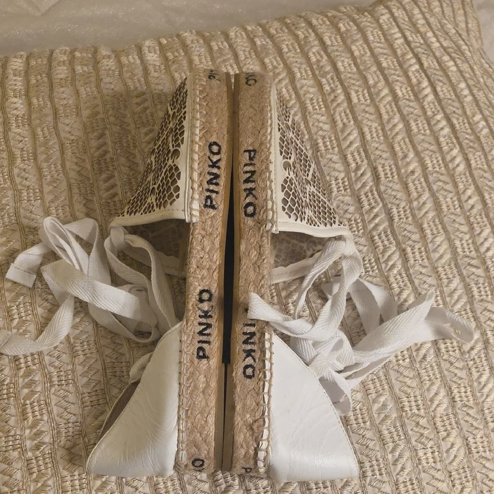 Pinko White Lace Espadrille with Jute Logo Sole and Ankle Ribbon